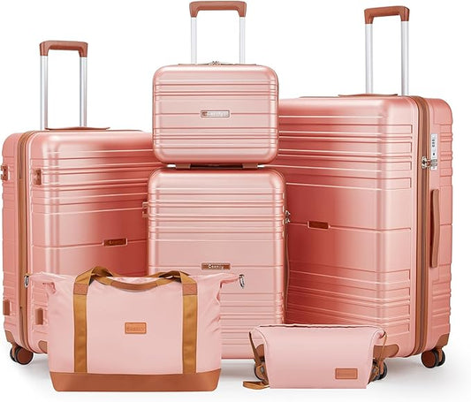 Luggage Sets 6 Piece with Spinner Wheels, Lightweight Hardshell Suitcase Set with TSA Lock, Carry On Checked Luggage Set with YKK Zippers (Pink, 6 piece sets（14/20/24/28/DB/TB）)
