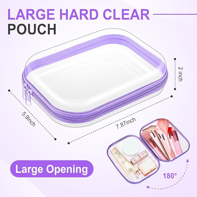 Sanwuta 6 Pcs Clear Hard Zipper Case Plastic Zipper Pouches Transparent Makeup Bag Pencil Case Pouches Toiletry Diaper Bag for Travel Toy Storage Organizer Bins(Purple,7.87 x 5.9 x 2 Inch)