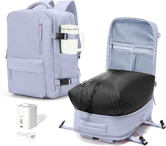 VECAVE Vacuum Travel Backpack with Pump for Women,Airback Personal Item Carry on Backpacks Flight Approved 18x14x8 inches for Men,Laptop Waterproof Work Compression bags Casual Daypack(Purple)