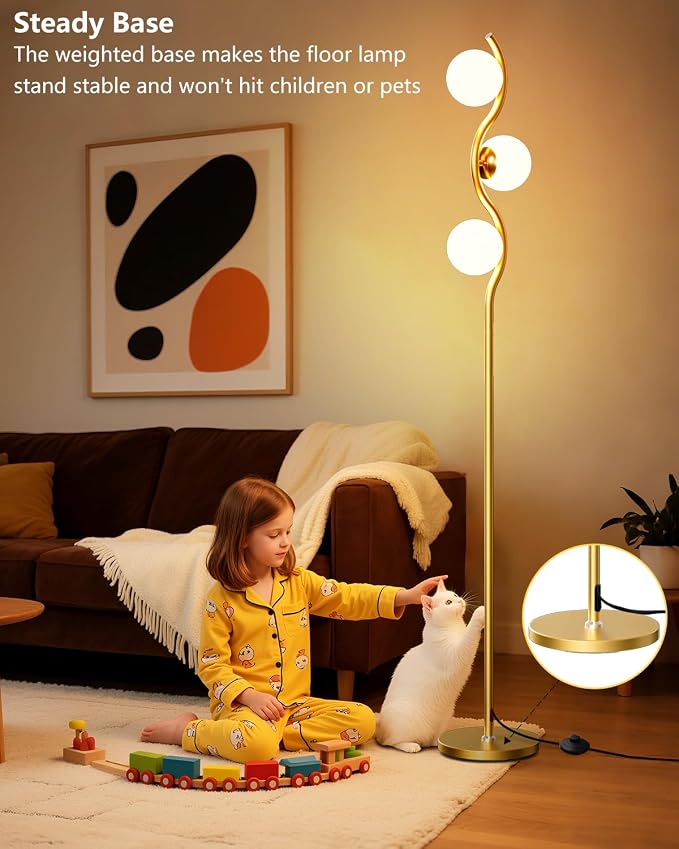 Lightdot Globe Floor Lamp for Living Room Mid Century Modern Floor Lamps with 3Pcs 3000K Soft Warm White Bulbs Included Gold Standing Lamp with 5Lbs Heavy Base for Bedroom/Sofa Beside/Corner Decor