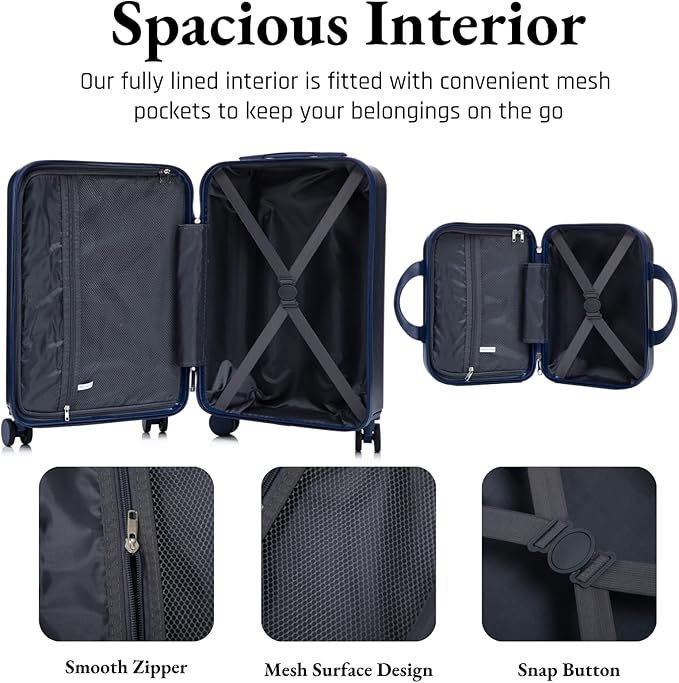 2 Pcs ABS Spinner Luggage Set - 14" Cosmetic Case & 20" Carry-On with Combination Lock, Front Opening Design, Navy Blue