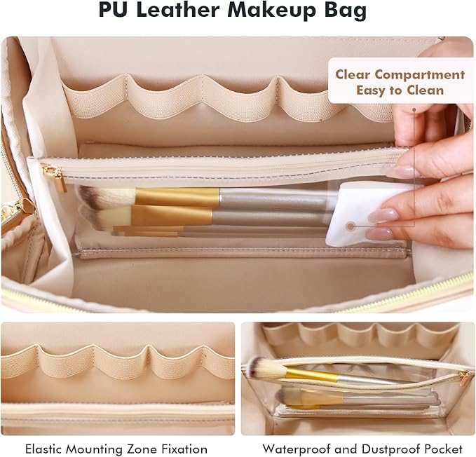 Prite Makeup Bag for Women Travel Waterproof Vegan Leather Cosmetic Bag Open Flat Toiletry Bag With Clear Divider and Handle (Large Beige Pro)