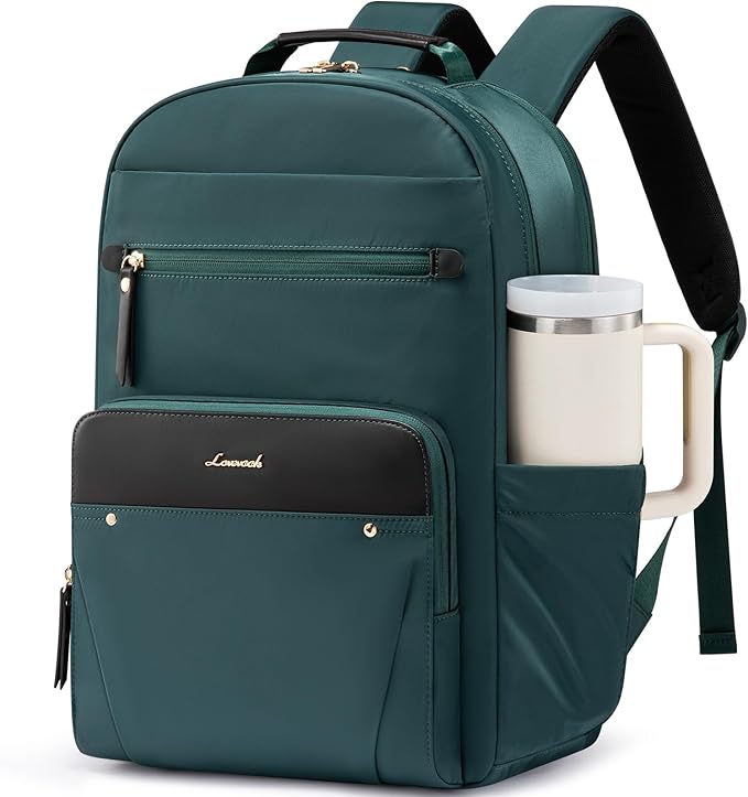 LOVEVOOK Laptop Backpack for Women with Leather Trim & Tumbler Pockets, 15.6" Work Backpack Purse, Travel Personal Item Bag, Carry On Business Computer Bag for Office, School, or Gift, Lustrous Pine