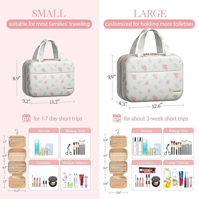 HOTOR Travel Toiletry Bag - Hanging Toiletry Bag for Women & Men, Makeup Bag/Big Comparment, Waterproof for Travel Accessories, Travel Essentials, Medium, Beige with Colorful Floral