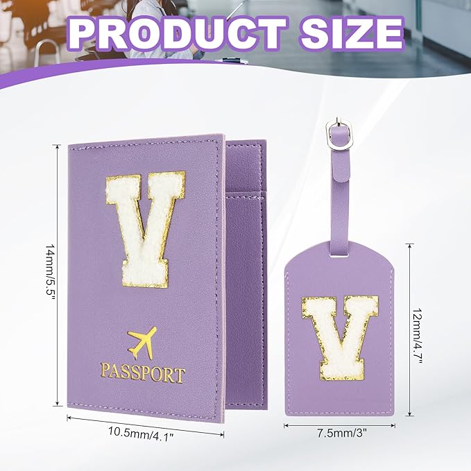 PATIKIL Passport Holder for Travel, Initial Passport Cover and Luggage Tag Set with Alphabet Chenille Letter Patch Travel Wallet Bag Suitcase Identifier for Women Family Travel Purple V