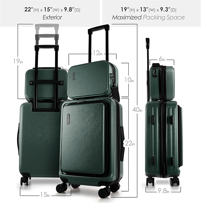 22 Inch Carry On Luggage 22x14x9 Airline Approved, Small Carry On Suitcase, Hard-shell Carry-on Luggage with Wheels, Durable Expandable Emerald Green Luggage Carry-On with Cosmetic Case