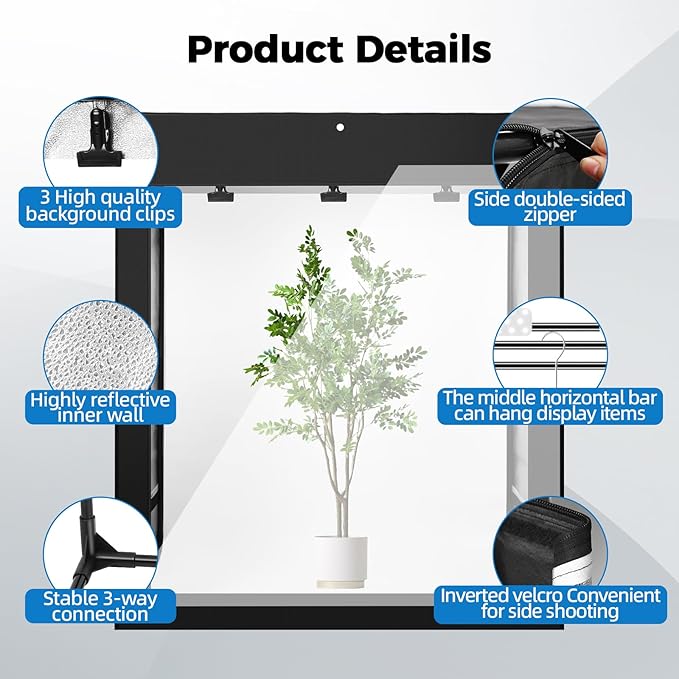 Photo Light Box, Portable 47"x20"x55" Photo Studio Light Box, Shooting Tent Kit with 576 Light Beads and 3 Color Backdrops. Large Lightbox with 6 Stepless Dimming Light Boards for Photography
