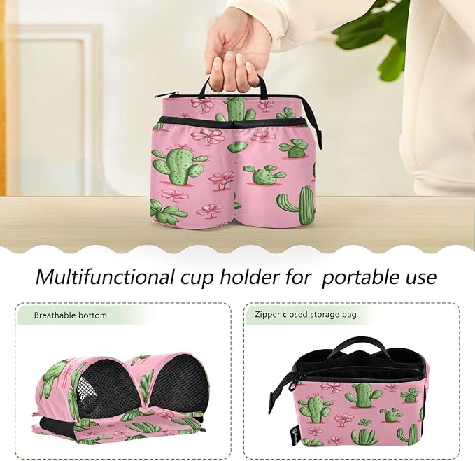 Pink Cacti Shamrock and Clovers Luggage Cup Holder Travel Portable Free Hand Drink Carrier Suitcase Drinks Beverage Holder Carry-On Bottle Mug Holder Organizer Bag Travelers Accessories