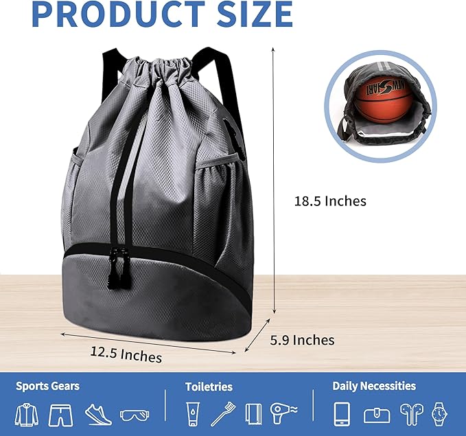Drawstring Backpack Gym Bag with Shoes Compartment for Soccer, Basketball, Swim, Water-Resistant String Backpack Beach Cinch for Women Men, Dark Grey