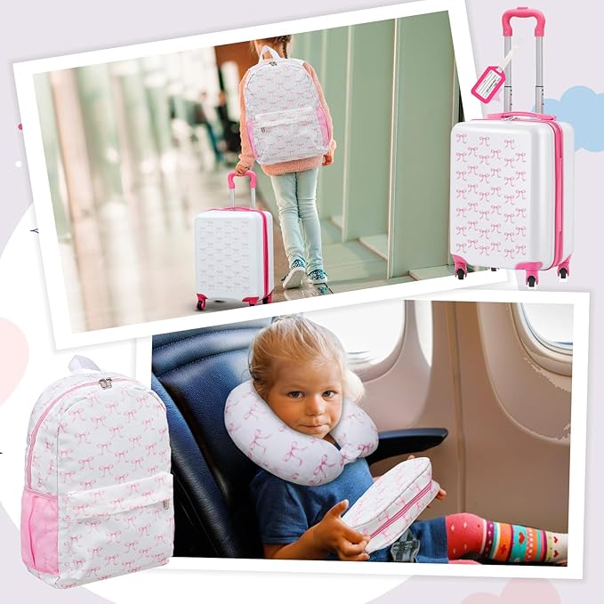 Redbaker 17 Inch 6 Pcs Kids Luggage Set Gifts for Christmas Kids Rolling Luggage Double Pattern Suitcase for Boys Girls (Pink, Bow Style)