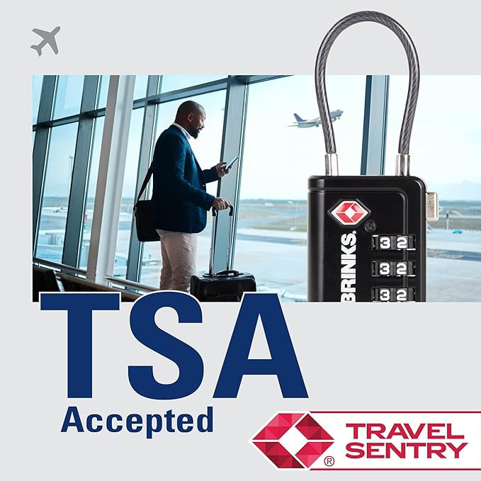 Brinks TSA Accepted Indicator Luggage Lock, Black - Resettable 3-Dial Combination, 1.5 inch Long Cable Shackle, New More Secure TSA008 Key, 2 Pack