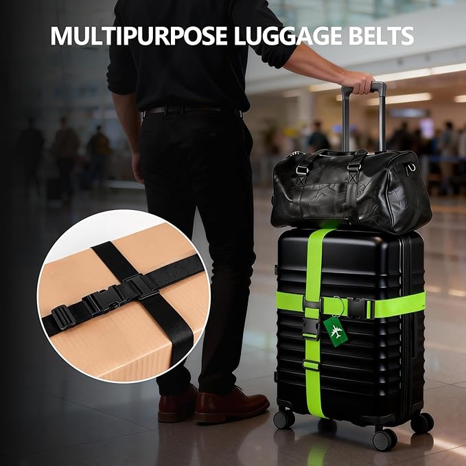 BILIONE Cross Luggage Straps and Luggage Tags Set, Cross Luggage Straps and 2 Tags Set, Heavy Duty Suitcase Belts Adjustable Travel Accessories for 20-32 Inch Luggage (Black)