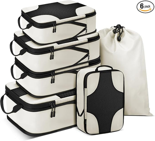 6 Set Compression Packing Cubes Bags for Travel Women, Compression Bags Organizer for Packing Luggage Space Saving, Suitcase Organizer Bags Set for Travel Essentials - Beige