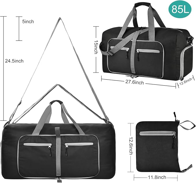 Dimayar 85L Travel Duffle Bag for Men Women - Foldable Duffel Bag with Shoes Compartment - Overnight Bags Waterproof & Tear Resistant(Black)