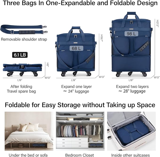 Hanke Expandable Collapsible Luggage with Wheels Suitcase Luggage Rolling Travel Bag Duffel Bag for Men Women Lightweight Suitcase Large Capacity with Spinner Wheel (Blue)