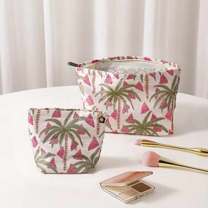 HAPPYHEIDI Makeup Bag Set 2, Cute Cosmetic Pouch, Coconut Trees Pattern, Cotton Blend, Floral, Zipper, 2 Count