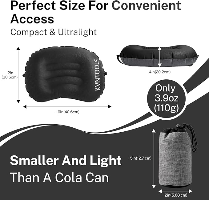 Camping Pillow-Compressible, Ultralight Inflatable,Compact, Comfortable, Ergonomic Inflating Pillows for Neck & Lumbar Support While Camp, Hiking(Black,with Anti Slip Straps)