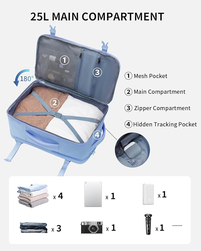 ECOHUB 17" Small Travel Backpack, United Airlines Personal Item Bag 17x10x9 with 16 Pockets, Water Resistant Rucksacks Fit 15.6" Laptop, AirTag Pocket, Lightweight Casual Daypack, 25L, Light Blue