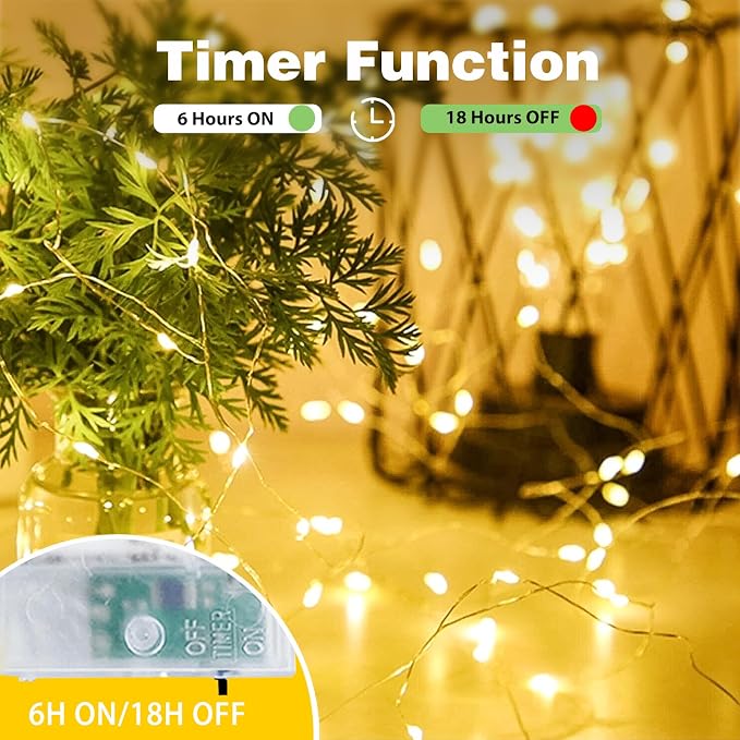 2 Pack Fairy Lights Battery Operated 16 FT 50 LED String Lights Warm White | Timer, Flexiable Waterproof Wire, Cuttable LED Fairy Lights Indoor for Christmas Wreath Holiday Mantel Mason Jar DIY Decor