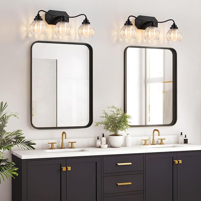 Vintage 3 Light Vanity Lights,Black Matte Antique Finish | Clear Tulip Crystal Bathroom Light Fixture, Mid Century Style, Elegant Wall Sconce Ideal for Bedroom,Hallway, Easy to install