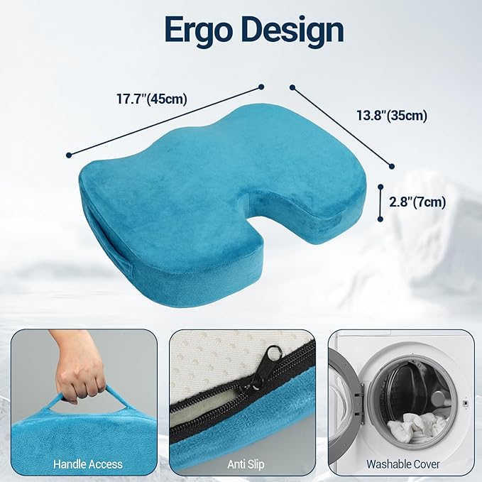 Season Guard Tailbone Pain Relief Office Chair Seat Cushion, Memory Foam Gel Seat Cushion for Sciatica Pain Relief with Washable Cover, Butt Cushion for Long Sitting, Velvet, Blue