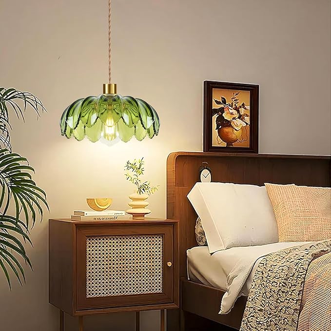 QIYIZM Plug in Pendant Light Hanging Lights with Plug in Cord Boho Hanging Lamp Glass Gold Mid Century Modern Vintage Dimmable Green Flower Plug in Chandelier Ceiling Fixture for Living Room,Kitchen
