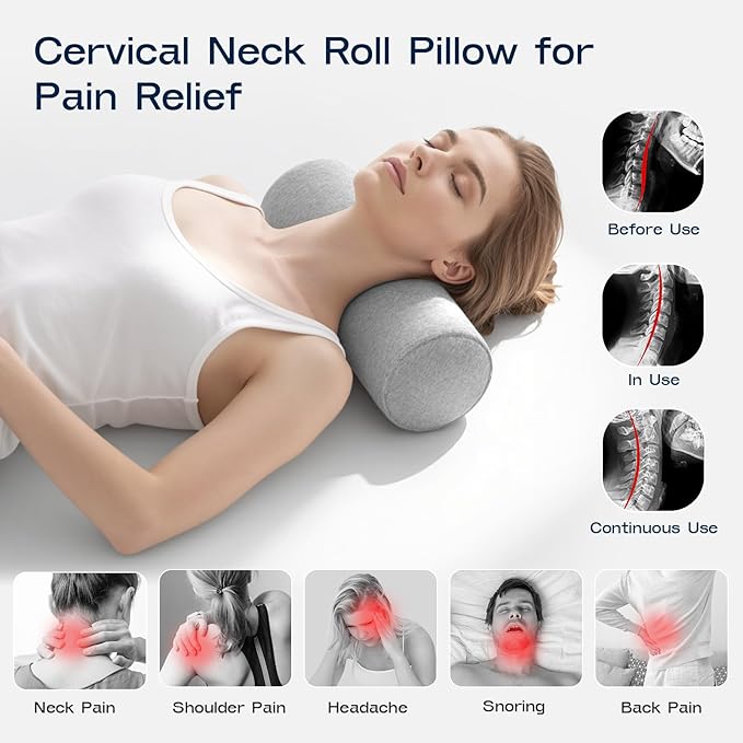 Neck Roll Pillow for Neck Pain Relief - Memory Foam Neck Support Pillow for Bed, Cylinder Pillows, Round Neck Pillow for Sleeping, 15.7 * 5 * 5 inch (Grey)