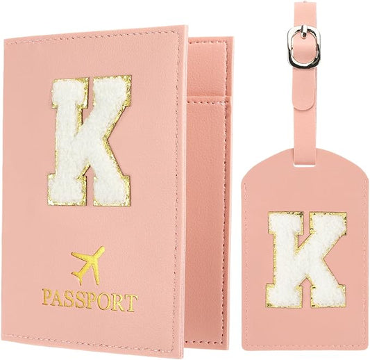 PATIKIL Passport Holder for Travel, Initial Passport Cover and Luggage Tag Set with Alphabet Chenille Letter Patch Travel Wallet Bag Suitcase Identifier for Women Family Travel Pink K
