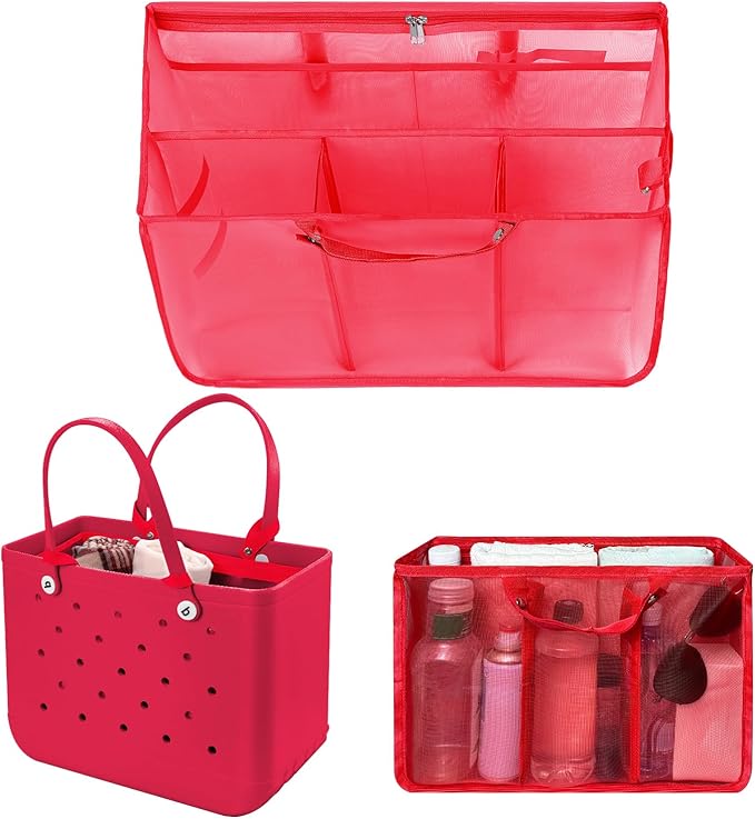 XYFuuee Beach Bag Organizer Inserts for Medium Bogg Bag Accessories, Original Small Lightweight Mesh Insert Divider Pouch, Organizing Rubber Tote Bags, Save Storage Space (Red-M)