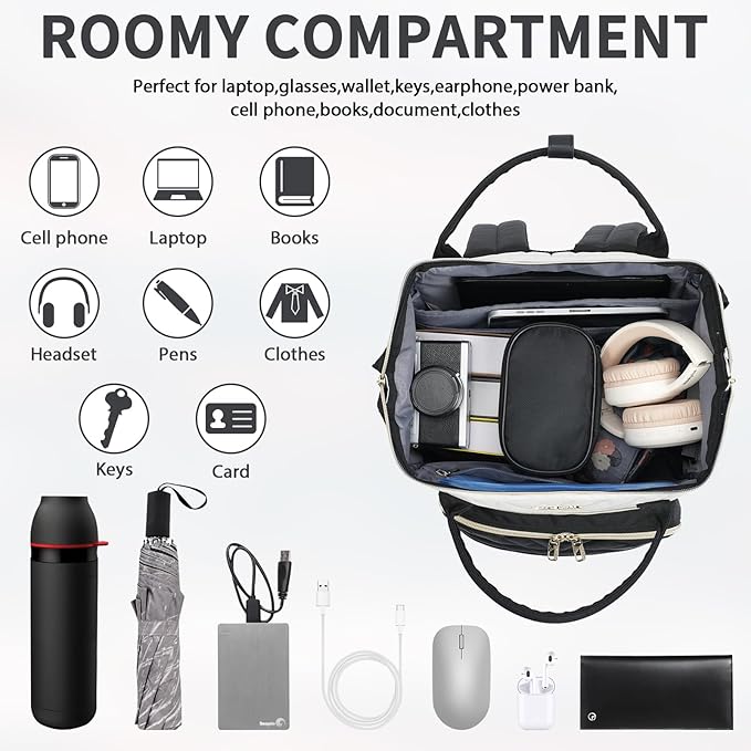 VANKEAN 17 Inch Laptop Backpack for Women Men Fashion Computer Work Bag, Large Capacity Waterproof Backpack with USB Port & RFID Pockets, College Daypack Business Travel, Beige-Black