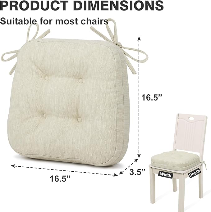 Shinnwa Kitchen Chair Cushions Set of 2, Dual-Layer Memory Foam Dining Chair Cushions, Patented Design Seat Pads with Ties, 16.5 x 16.5 x 3.5in, 2 Pack, Ivory
