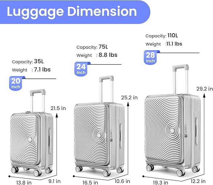 3 Piece Luggage Set 100% PC Hardshell, Front Opening Expandable Suitcase (20/24/28) with Laptop Compartment & Free Custom PVC Covers, Trunk Style Lightweight Spinner Wheels TSA Lock (Silver)