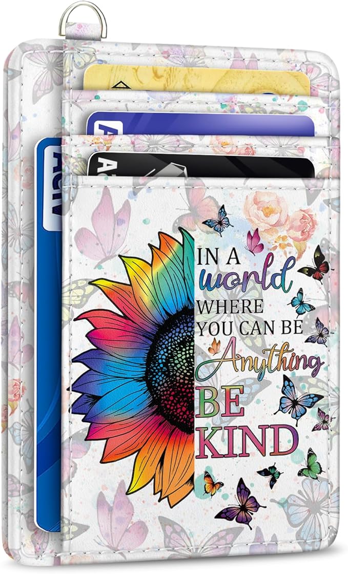 Yonlevres Credit Card Holder Slim Wallet, Be Kind Sunflower RFID Wallet Women Front Pocket Small Card Holder Travel Funny Cute Thin Card Case ID Window PU Leather RFID Blocking Card Organizer Gift