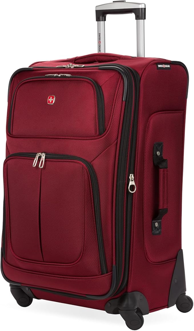 SWISSGEAR Sion Softside Expandable Spinner Luggage Durable Lightweight Travel Suitcase, Burgundy, Checked-Medium 25-Inch