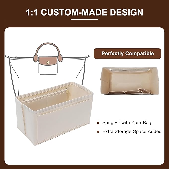 Doxo Felt Purse Organizer Insert for Longchamp Le Pliage L Travel Bag, Longchamp Orgainzer Insert Large with 9 Compartments and Zipper Water Bottle Holder, Fits Long Champ Large Bag (LT, Beige)