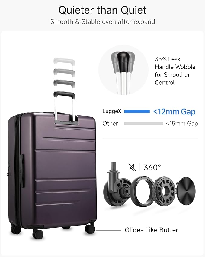 LUGGEX Checked Suitcase with Spinner Wheels, FLO5 Top Opening Expandable Polycarbonate Hard Shell Suitcase with TSA Approved Lock (FX-Core, Purple, 28 Inch)