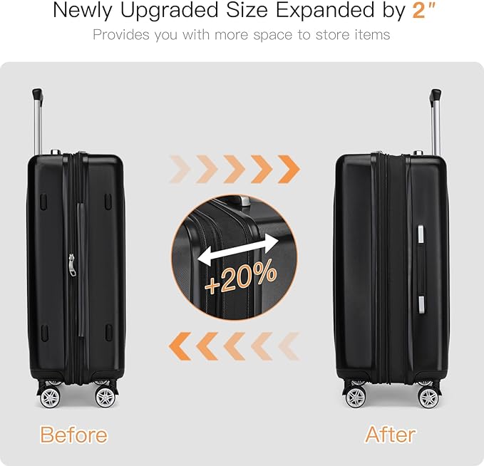 Kono Expandable Luggage 3 Piece Set Hardshell Lightweight 20in 24in 28in Carry On Suitcase with Spinner Wheels TSA Lock(Black)