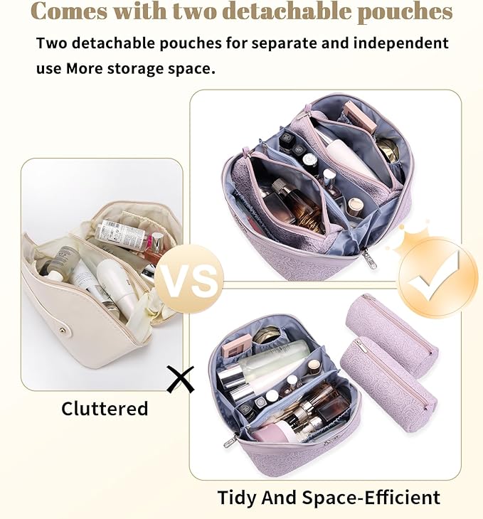 BOYATU Travel Makeup Bags Cosmetic Organizer Bag: 3-Set Large Capacity Make up Bag - PU Leather Toiletry Bags for Women - Wide Open Portable Pouch with Divider & Handle (A-Violet)