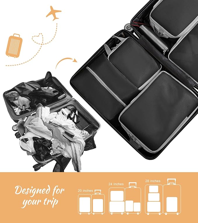 WOOMADA Compression Packing Cubes for Suitcases Travel Essentials 8 Set Expandable Travel Bags Organizer for Luggage(black)