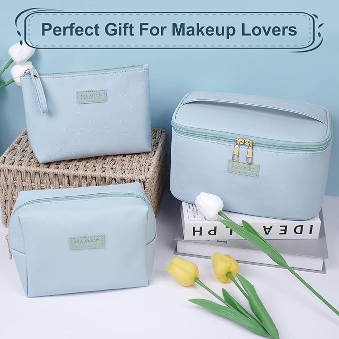 MAANGE Makeup Bag Large Cosmetic Bag with 2pcs Small Makeup Bags Portable Leather Travel Makeup Bag Set Toiletry Bag Make Up Bags for Women and Girls (Blue)