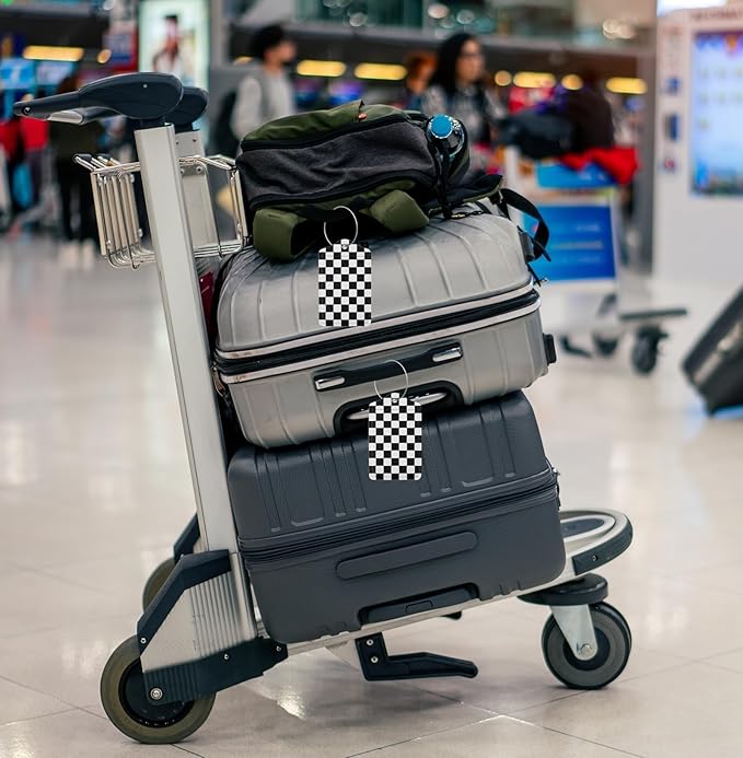 2P Black White Plaid Lines Race Grid Checkered Flag Luggage Tags Privacy Cover ID Label with Stainless Steel Loop and Address Card for Travel Bag Suitcase Funny Cute Man Women Kids
