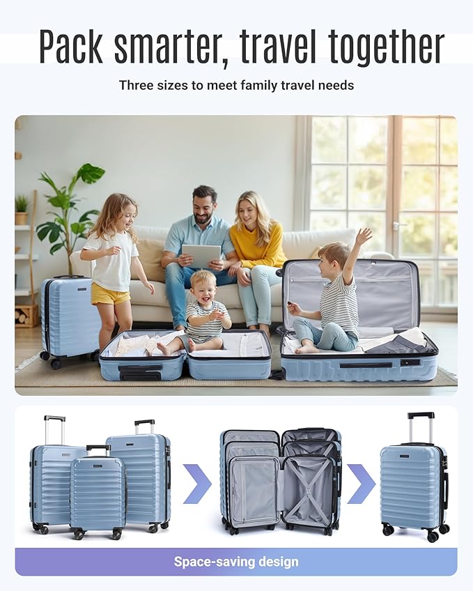 LIGHT FLIGHT Luggage Sets, 3 Piece Durable Suitcase Set with Spinner Wheels, 3 Pcs Hard Shell Lightweight Luggage with TSA Lock, Large Checked Travel Suitcases, 20/24/28 Inch,Light Blue
