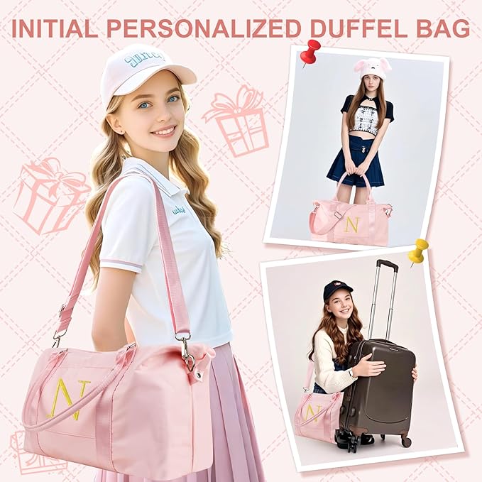 Personalized Initial Gym Dance Bag, Travel Duffel Bag for Teen Girls, Carry On Bag Overnight Weekender Bag with Trolley Sleeve, Birthday Gifts for Women Mom Daughter Graduation Gift(Letter N, Pink)