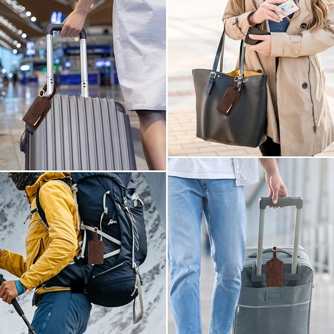 1 Pack Luggage Tag, PU Leather Suitcase Tags Identifiers Privacy Cover ID Label for Travel Bag Suitcase with 2 Pack Luggage Straps for Hats, Bags and Travel Accessories(L-Dark Brwon)