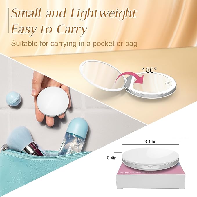 Kakuje Compact Mirror with Light, 1X/3X Magnification LED Pocket Mirror with USB Data Cable,Mini Mirror for Purse, Pocket,Travel and Present (White)