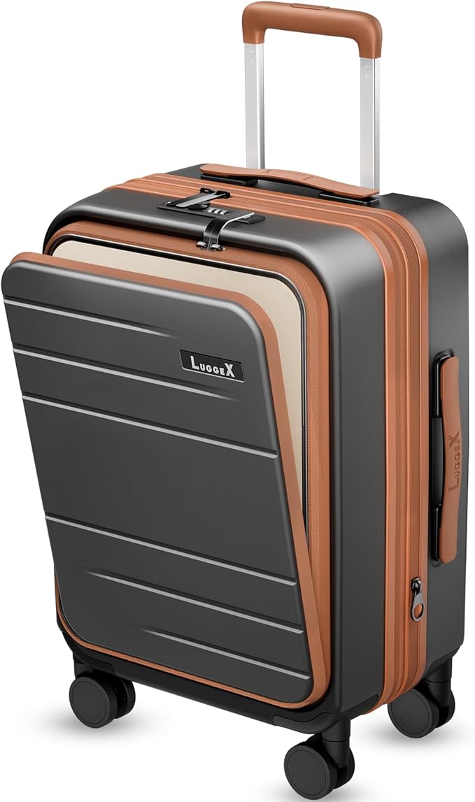 Carry On Luggage 22x14x9 Airline Approved, FLO5 Expandable Polycarbonate Suitcase with Front Pocket (FX-Core, Brown-Black, 20 Inch)