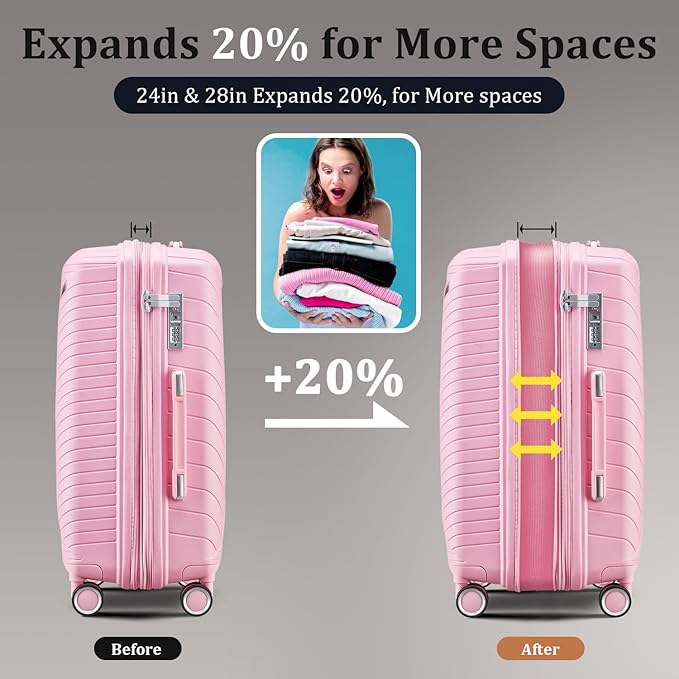4 Piece Expandable Hardshell Pink Luggage Sets with Spinner Wheels, Lightweight Travel Suitcase Set with TSA Locks, 20 inch Carry On for Women (Pink#B, 4 Piece Set)