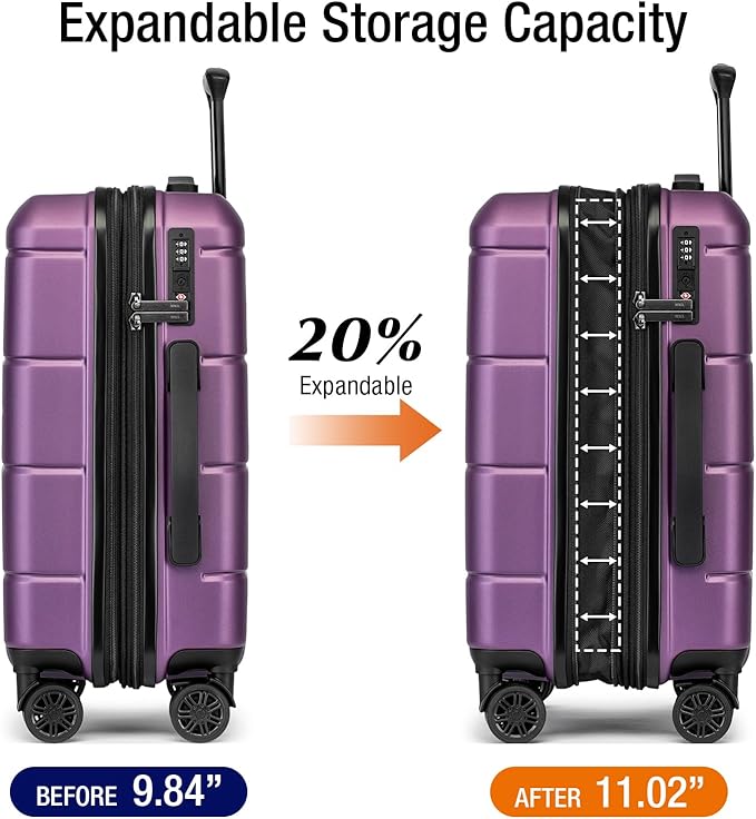 KYME Carry On Luggage 22x14x9 Airline Approved with TSA Lock Hardshell Expandable 20 Inch Luggage Carry On Suitcase with Wheels Small Travel Rolling Luggage with Cup Holder for Women Dark Purple