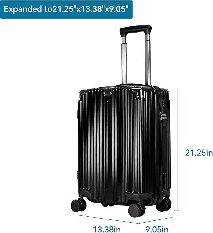 20 Inch Carry On Luggage with Spinner Wheels,PC Expandable Hard Shell Suitcase with USB Port,Lightweight Travel Luggage Airline Approved for Men Women (Black)
