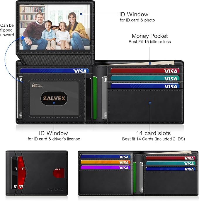 Wallet for Men Slim RFID Blocking Leather Credit Card Holder Wallet for 14 Cards, Bifold Minimalist Thin Wallet with 2 ID Windows & Cash Slot, Front Pockt Carteras Para Hombres, Birthday Gifts for Men